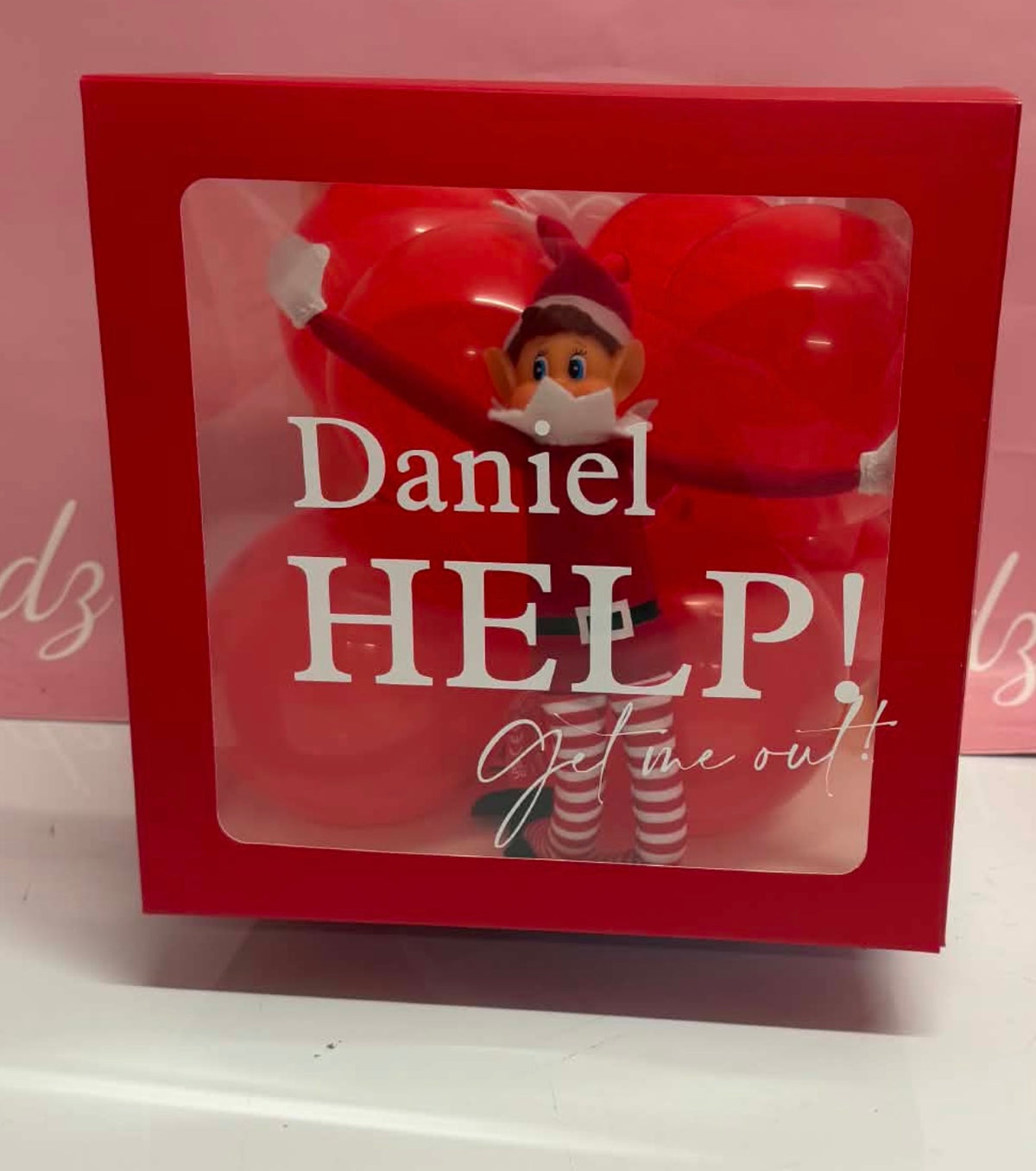 Red elf arrival balloon box
